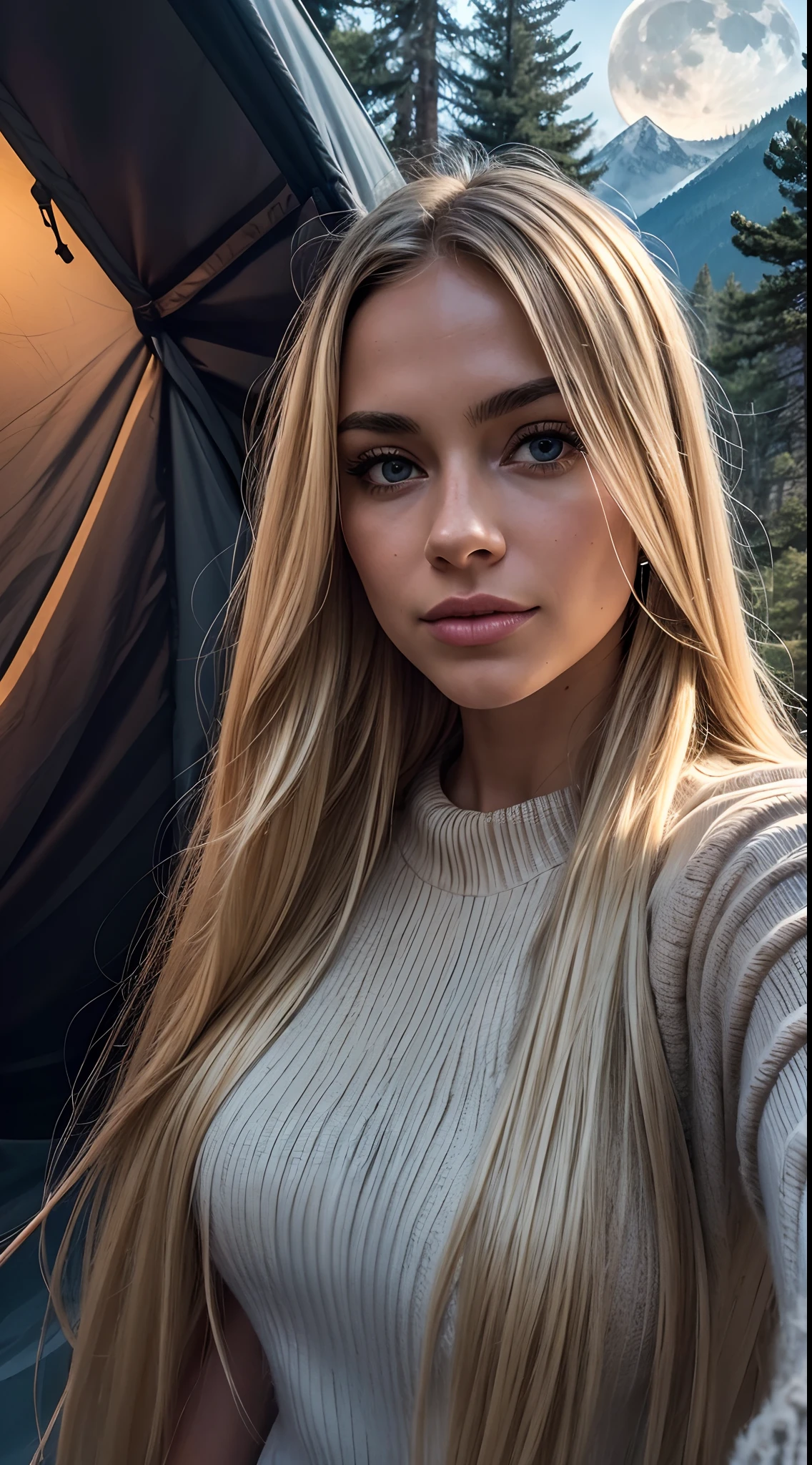 1 woman, American, beautiful, ((upper body selfie, happy)), Shooting in a tent, Beautiful backlight, Tent Open Sign,Masterpiece, Best Quality, Ultra-detailed, Solo, exteriors, (natta), mountains, Nature, (sao, the moon) cheerful, happy,, Cosy in a sleeping bag, Inside the tent, When you open the tent, You can see some nice horsemen outside.., woods, rock formations, rivers, wood, smoke, shadowy, contrast, clear skies, analog style (looking up at viewer:1.2) (skin texture) (film grain:1.3), (warm hue, warm tone:1.2), close-up, Cinematic light, Sidelighting, The ultra-Highres, best shadows, ...raw, upper half body, wearing pullover, Relaxed and intimate photos, with long blond hair,