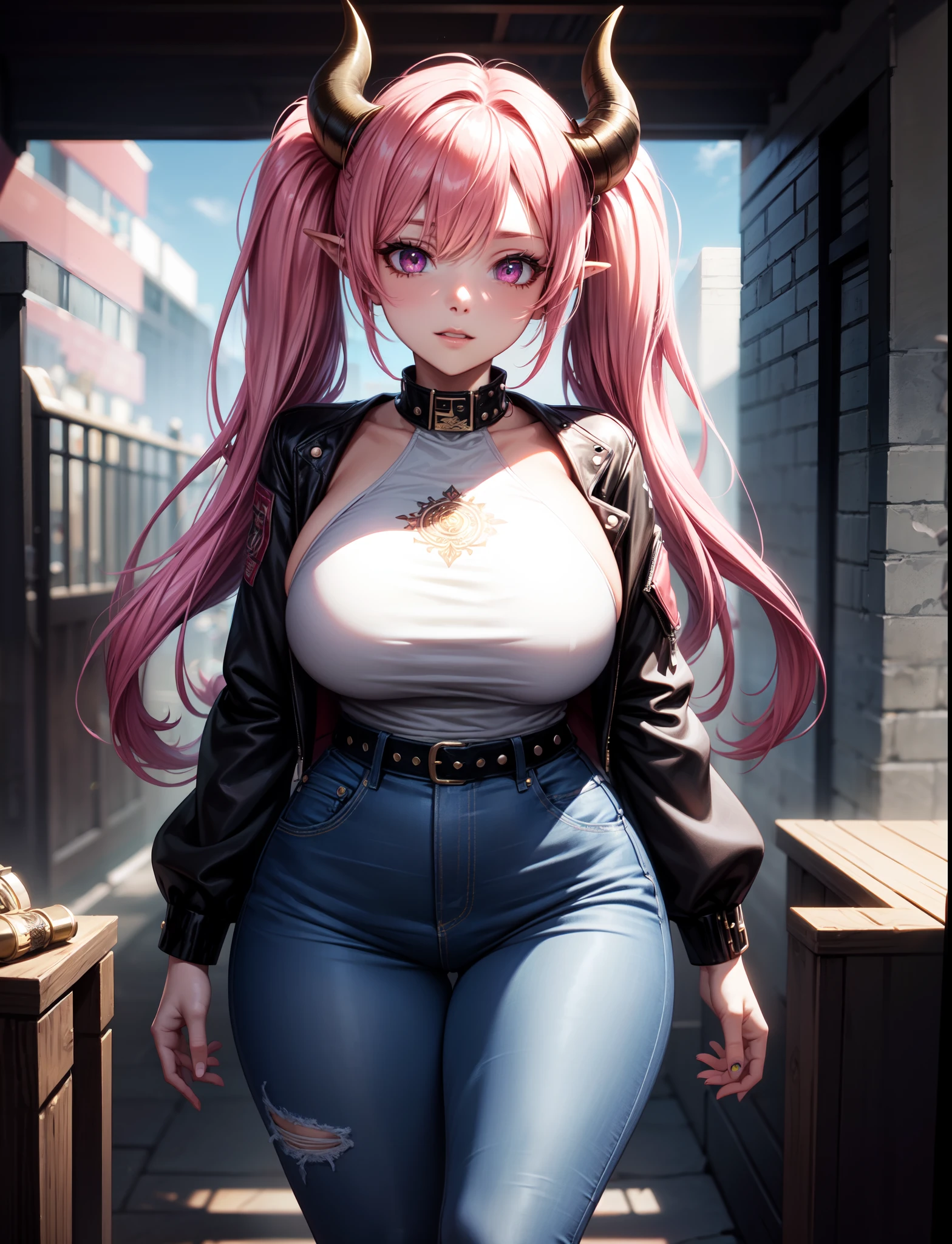 4k, twin tails ,Lens flare, pink hair ,mascara, eyeliner, god rays, 4k, 8k, best quality, masterpiece, hyper detailed, intricate detail, 1girl, solo, detailed, Detailed fuschia hair ++, detailed pink eyes ++,  raytracing, perfect shadow, highres, enhanced eyes,  huge breasts, horns, seductive,  hyper detailed, interesting background, , detailed face,  volumptuous, colourful background,
Distressed Skinny Jeans, Studded Belt, Band Tee, (wide hips:1), (thick thighs:1), (big buttock:1)