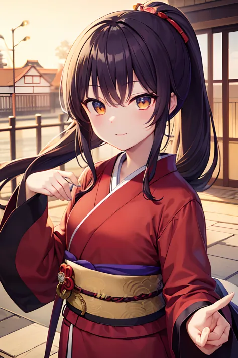 (masterpiece1.5), best quality, expressive eyes, perfect face Beautiful. Wear is Red Jacket and kimono. Kimono design is Beautiful many flower style. Beautiful Anime is Japanese very cute girl. Japanese very cute girl is ponytail. hair colour is black. hai...