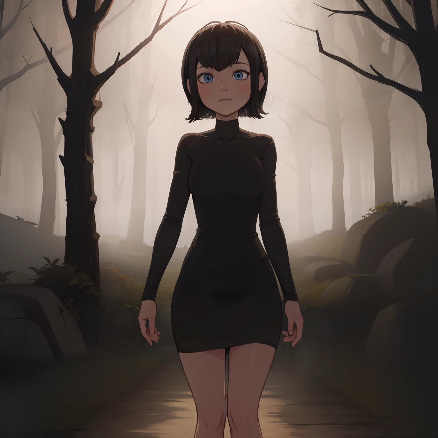 Mavis, demi-corps, debout dans les bois,