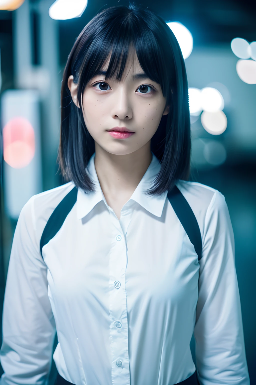 (1girl),Japan at 25 years old,Medium head of black hair, Black tie,White shirt with long sleeves,Black pants, a little freckles,Dark in a cyber space light up in blue,Complex structures in the background、Full Body Photo Standing、Amazing face and eyes, ((Best Quality)), (Ultra-detailed), (extremely detailed CG unified 8k wallpaper), Highly detailed, High-definition raw color photos, Professional Photography,