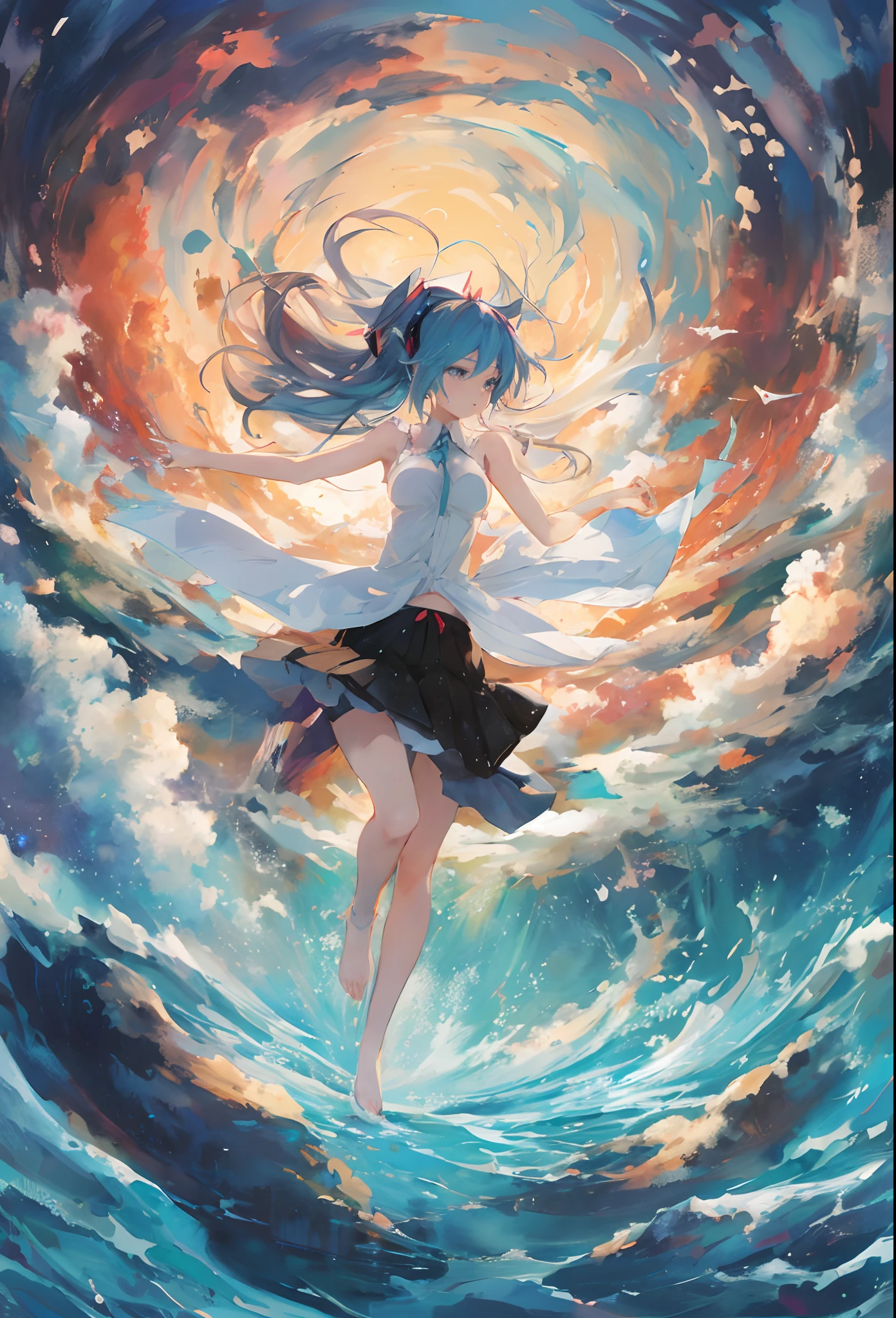 Anime girl floating in the air，Hair flutters in the wind, Anime art wallpaper 4k, Anime art wallpaper 4 K, Anime art wallpaper 8 K, Beautiful anime artwork, style of anime4 K, high definition anime art, Beautiful anime art, Anime girl walking on water, trending on artstation pixiv, anime abstract art, Anime artwork, detailed anime art，Big breasts Hatsune Miku