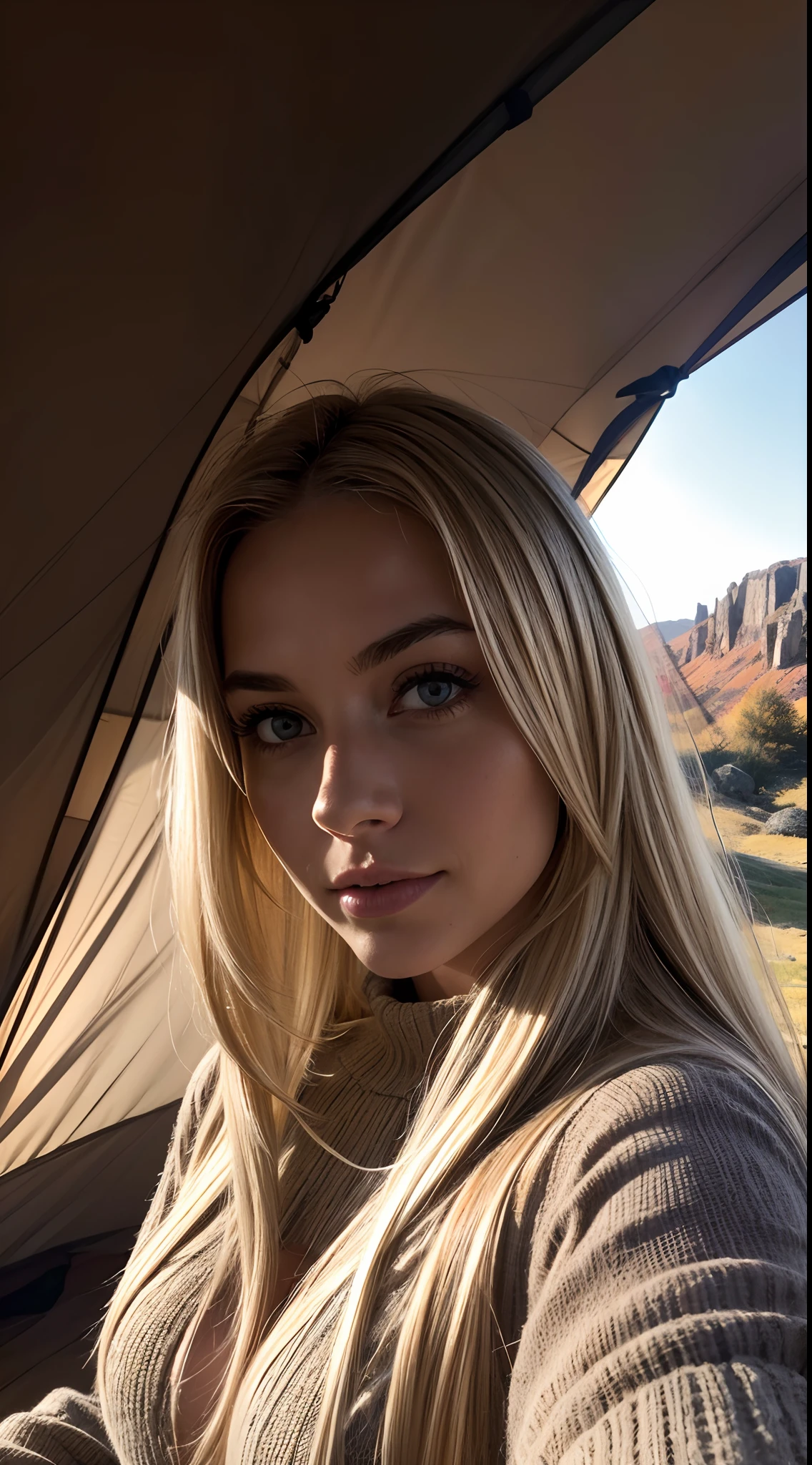 1 woman, American, beautiful, ((upper body selfie, happy)), Shooting in a tent, Beautiful backlight, Tent Open Sign,Masterpiece, Best Quality, Ultra-detailed, Solo, exteriors, (natta), mountains, Nature, (sao, the moon) cheerful, happy,, Cosy in a sleeping bag, Inside the tent, When you open the tent, You can see some nice horsemen outside.., woods, rock formations, rivers, wood, smoke, shadowy, contrast, clear skies, analog style (looking up at viewer:1.2) (skin texture) (film grain:1.3), (warm hue, warm tone:1.2), close-up, Cinematic light, Sidelighting, The ultra-Highres, best shadows, .....raw, upper half body, wearing pullover, Relaxed and intimate photos, with long blond hair, (A wide range of fashions),