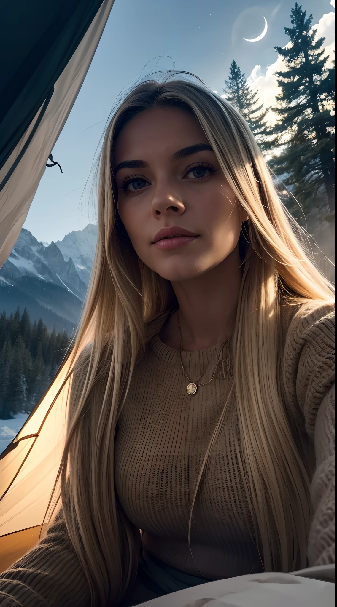 1 woman, American, beautiful, ((upper body selfie, happy)), Shooting in a tent, Beautiful backlight, Tent Open Sign,Masterpiece, Best Quality, Ultra-detailed, Solo, exteriors, (natta), mountains, Nature, (sao, the moon) cheerful, happy,, Cosy in a sleeping bag, Inside the tent, When you open the tent, You can see some nice horsemen outside.., woods, rock formations, rivers, wood, smoke, shadowy, contrast, clear skies, analog style (looking up at viewer:1.2) (skin texture) (film grain:1.3), (warm hue, warm tone:1.2), close-up, Cinematic light, Sidelighting, The ultra-Highres, best shadows, .....raw, upper half body, wearing pullover, Relaxed and intimate photos, with long blond hair, (A wide range of fashions),
