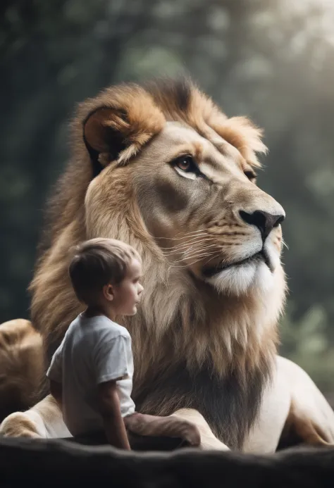 A lion protecting a boy with white t-shirt, Cinematic and realistic image