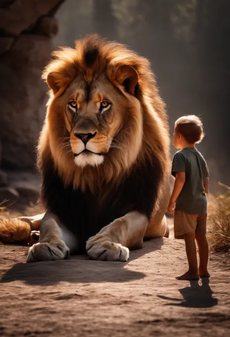 A lion protecting a scared boy, Cinematic and realistic image