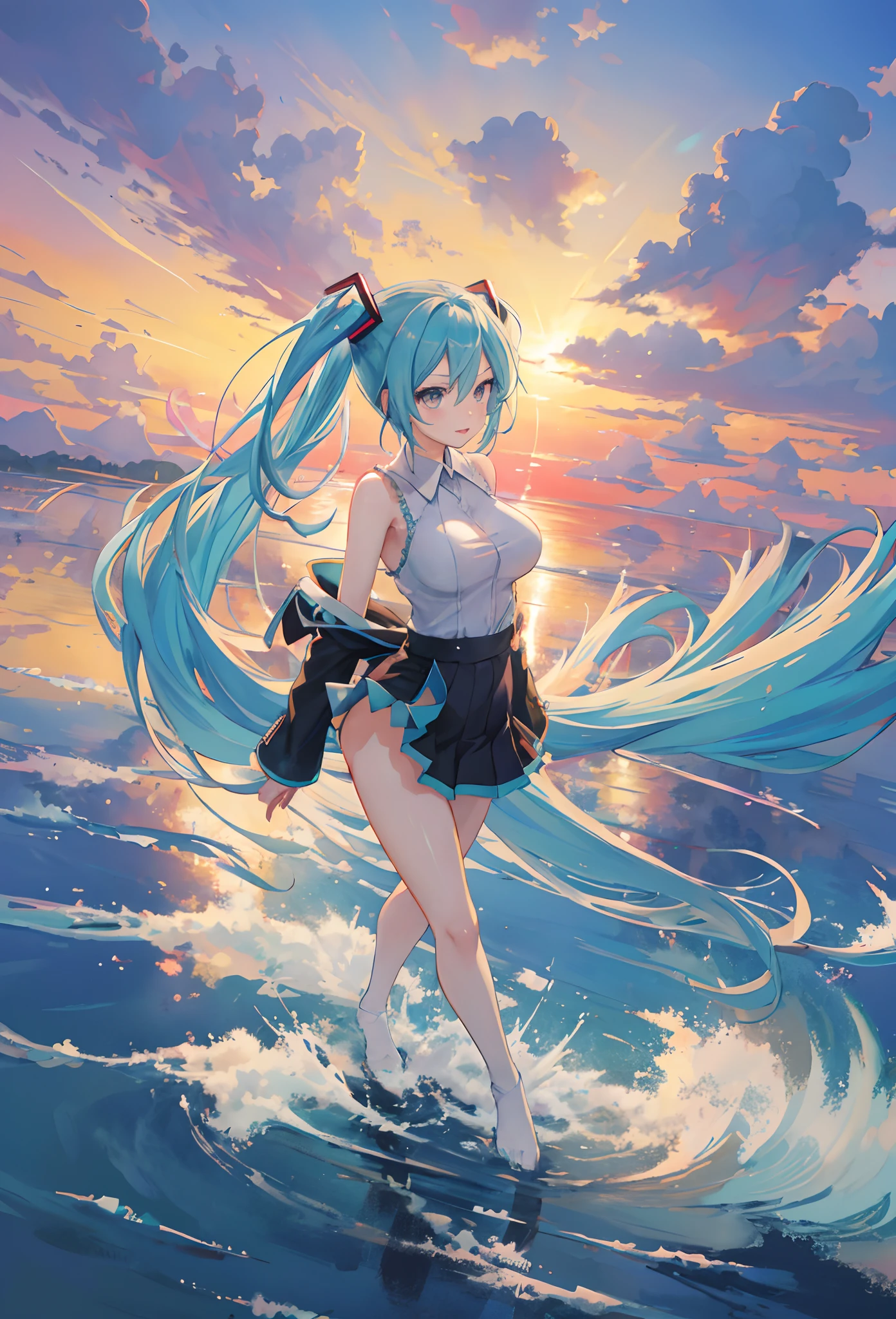 Anime girl floating in the air，Hair flutters in the wind, Anime art wallpaper 4k, Anime art wallpaper 4 K, Anime art wallpaper 8 K, Beautiful anime artwork, style of anime4 K, high definition anime art, Beautiful anime art, Anime girl walking on water, trending on artstation pixiv, anime abstract art, Anime artwork, detailed anime art，Big breasts Hatsune Miku