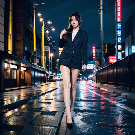 8K, RAW photo, Best quality, Masterpiece:1.2),(Realistic, photo-realistic:1.37),Tokyo Street,Night, rain, Wet,Cityscape,Night, C...