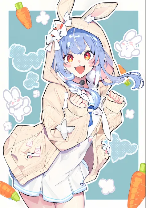 (masterpiece, best quality, smooth skin, highres), Usada Pekora from Hololive, solo, cute art, art station, (beige hoodie, bunny ears, cute pose, school uniform), big smile, mouth open, carrots stickers, bunnies stickers, thick outlines, clear hands, fist ...