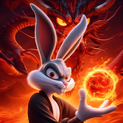 An orochi version of Bugs Bunny with a fireball in his hand, background with a dragon looking at the viewer, serious expression on his face, ultra-realistic background in 8K.
