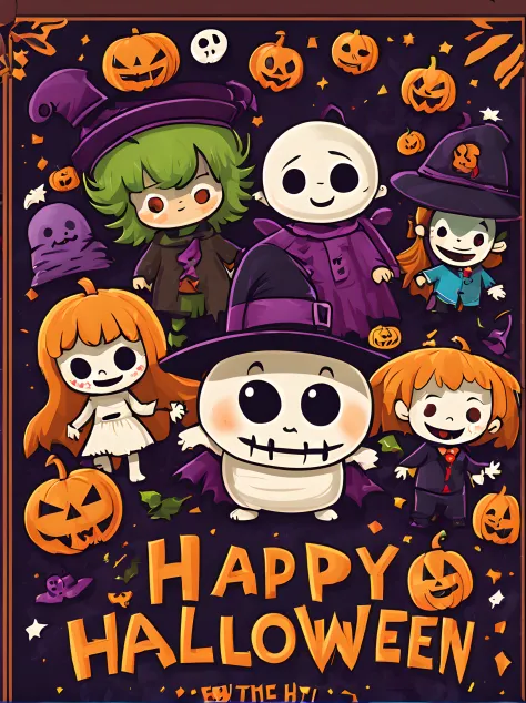 Cute, ultra detailed high quality Halloween poster for kids, big 'Happy Halloween' text on it, the text is in front of cute multiple halloween costume such as Ghost, Vampire, Mummy, Frankenstein Monster, and Jack O'lantern