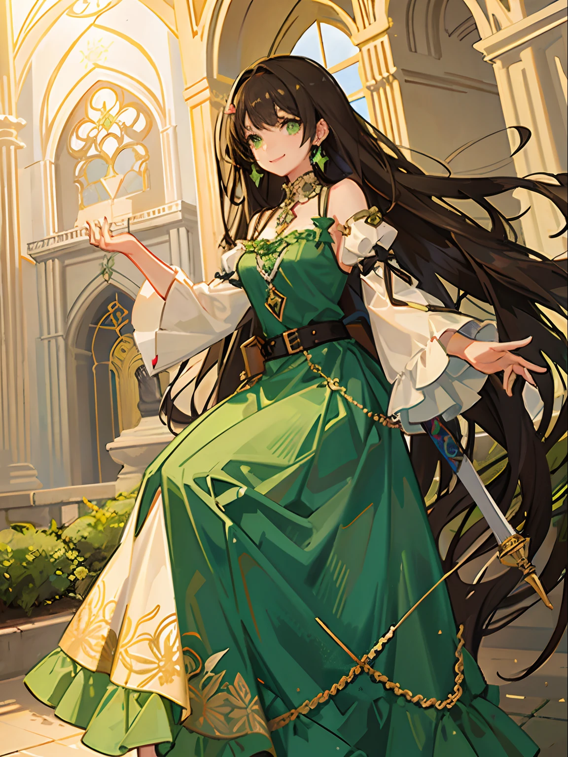 Anime girl in green dress holding a ...