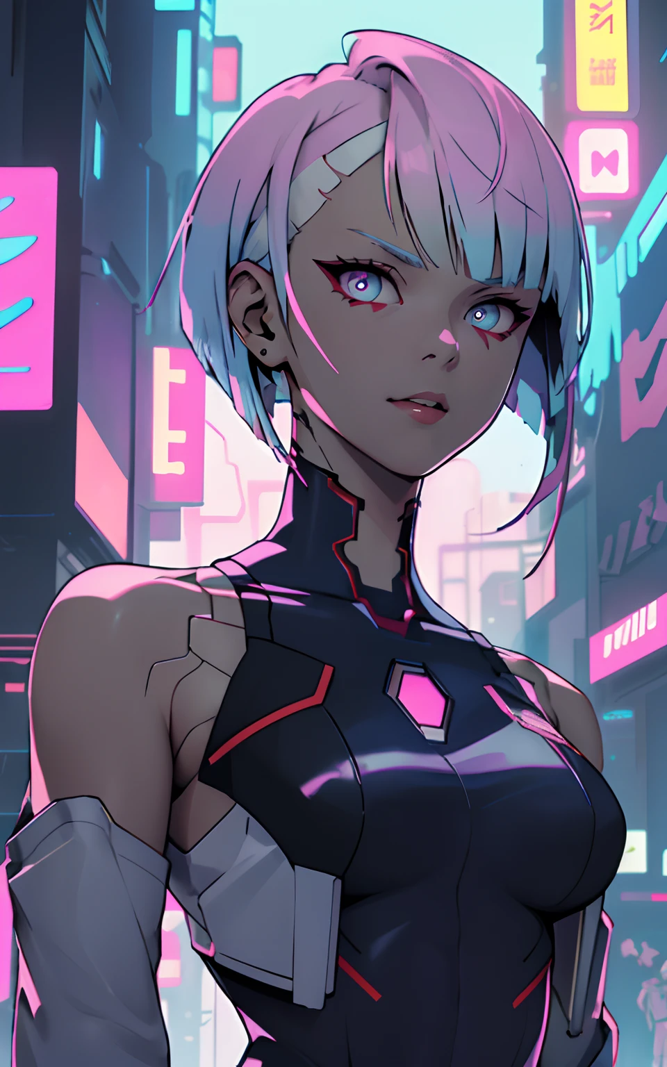 cabelo: O cabelo de Lucy pode ser futurista e ousado. Você pode optar por um curto, corte assimétrico com destaques neon ou vibrante, cor não natural como azul elétrico ou rosa neon.

olhos: em um cenário cyberpunk, personagens geralmente têm olhos aumentados ou cibernéticos. Lucy poderia ter olhos com íris brilhantes, ou mesmo olhos totalmente cibernéticos com vários elementos de interface.

roupas: A moda cyberpunk é caracterizada por uma mistura de elementos de alta tecnologia e punk. Lucy poderia usar uma combinação de roupas elegantes, roupas futuristas e acessórios de inspiração punk. Pense em jaquetas de couro, viseiras de alta tecnologia, e detalhes em LED brilhantes.

aumentos: Considere adicionar melhorias cibernéticas ao corpo de Lucy, como membros robóticos, interfaces neurais, ou circuitos visíveis sob a pele. Essas melhorias são uma marca registrada da estética Cyberpunk.