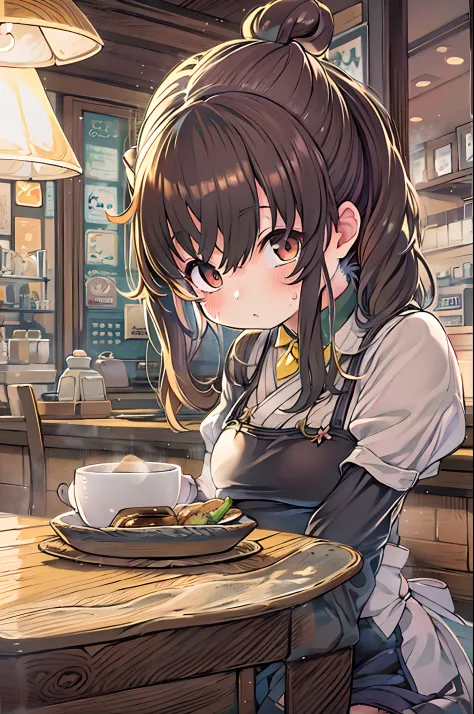 Anime girl in restaurant serving a cup of coffee, ( woman samurai ) girl, mysterious coffee shop girl, (SFW) safe for work, mari...