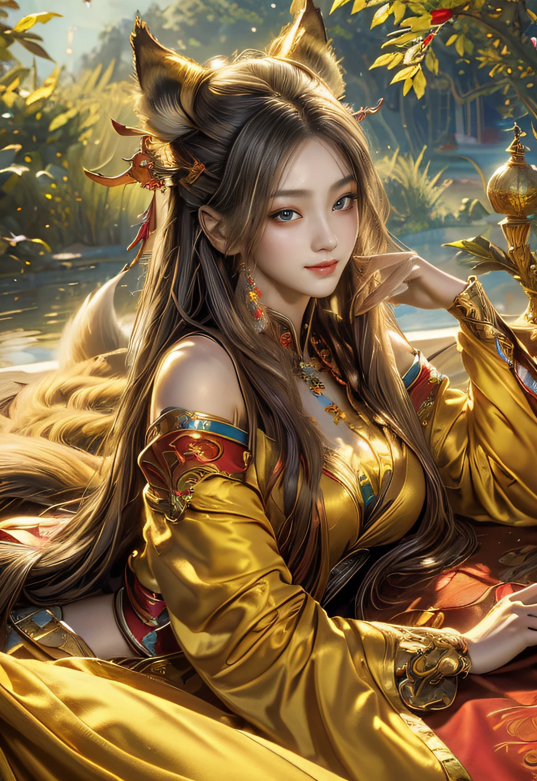 (​masterpiece、top-quality、top-quality、Official art、Beautifully Aesthetic:1.2)、(1girl in)、ighly detailed、(Fractal Art:1.3)、colourfull、highestdetailed　Golden Nine Tail Fox　Golden background　Soft smile　breasts are large　Soft expression　A smile　Facing straight ahead　The body is also front　Lying down