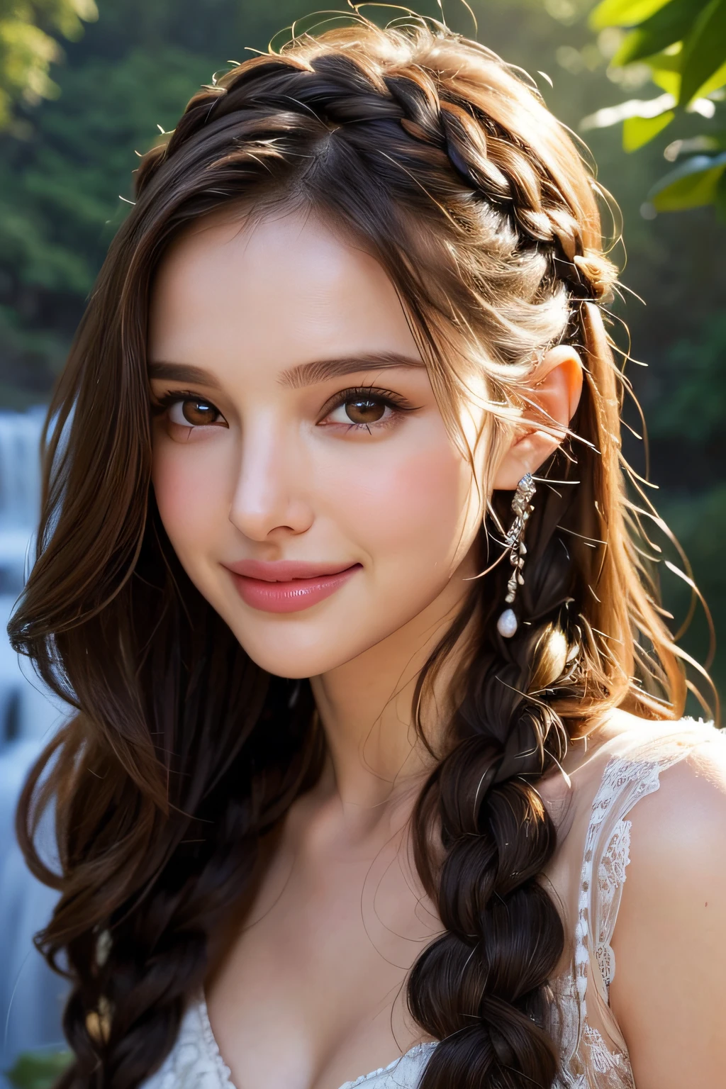 (pixer style: 1.25) portrait of girl, Natalie portman, Smiles, Natural Skin Texture, 4K textures, nffsw, with an intricate, Highly detailed, Sharp Focus, Cinematic Look, ultra-detailliert、(In front of a waterfall in the forest)、With smiling eyes、Colossal tits、Curly hair in braids、((facial close-up)))、