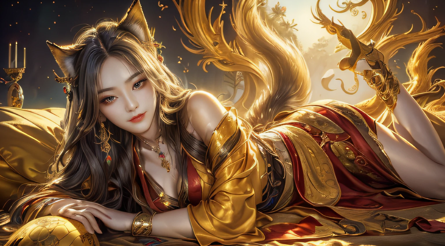 (​masterpiece、top-quality、top-quality、Official art、Beautifully Aesthetic:1.2)、(1girl in)、ighly detailed、(Fractal Art:1.3)、colourfull、highestdetailed　Golden Nine Tail Fox　Golden background　Soft smile　breasts are large　Soft expression　A smile　Facing straight ahead　The body is also front　Lying down