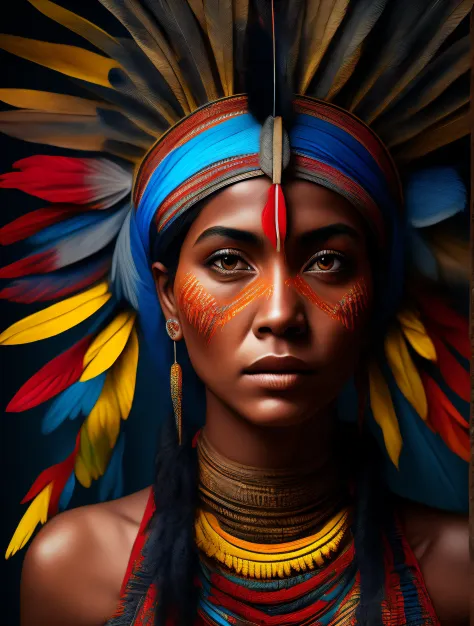 Hyperrealistic cinematic image of a Brazilian indigenous woman, native with feathers on her head, Brazilian native art, selfie t...