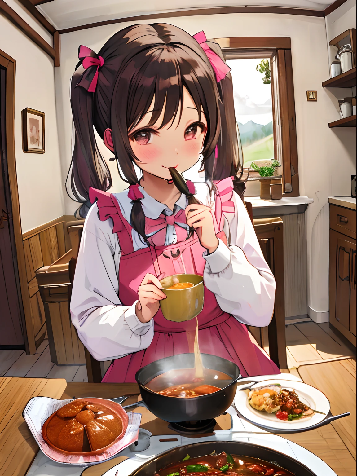 Village Girl Style,Pigtails,In the middle of the meal,magia,stew,Warm steam,Tongue licking,A slight smil,in a house,Rural atmosphere,femele