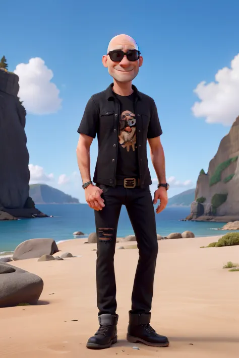 Forty-year-old man half bald always wears sunglasses and stubble in a black rock band shirt and jeans and black boot-like shoes.