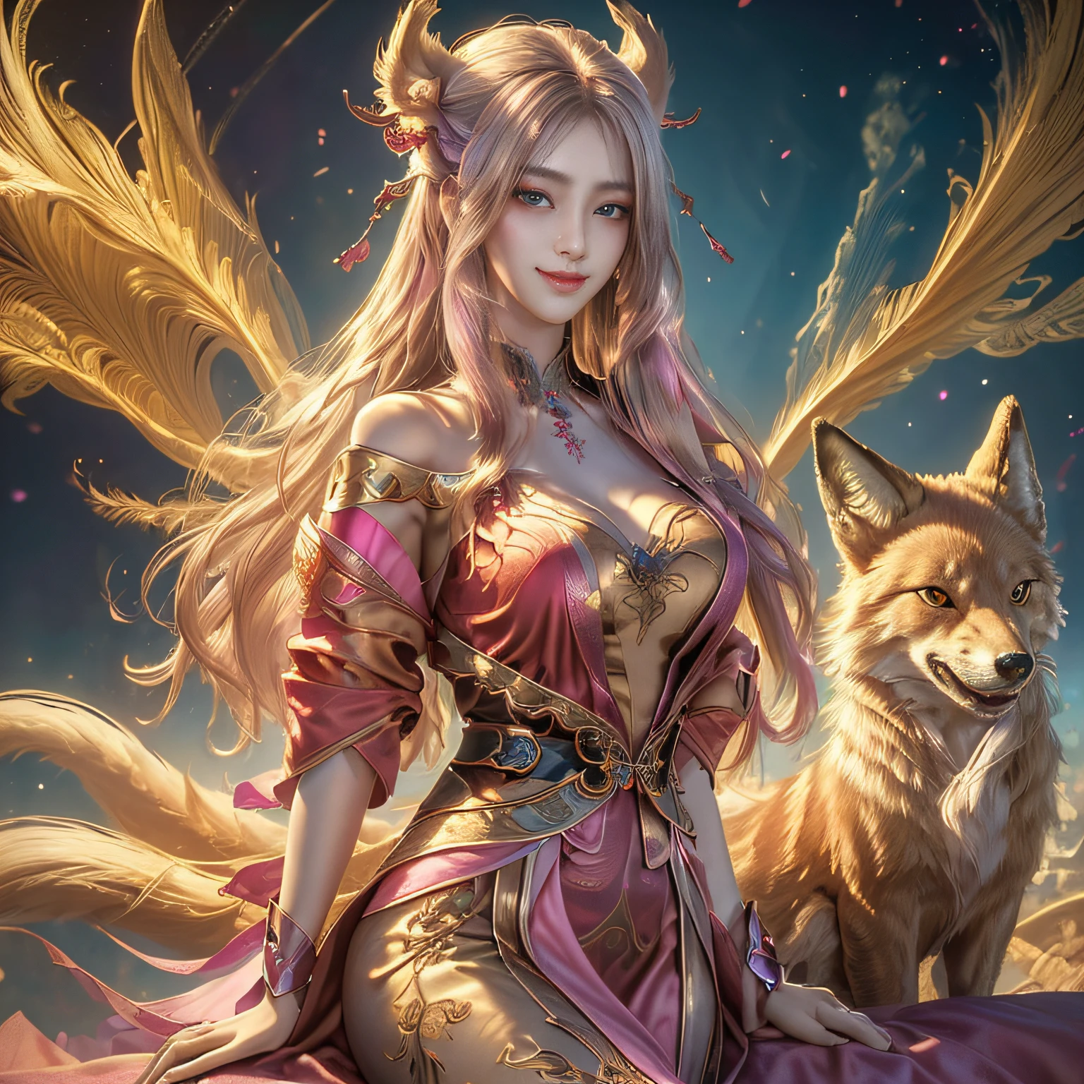 (​masterpiece、top-quality、top-quality、Official art、Beautifully Aesthetic:1.2)、(1girl in)、ighly detailed、(Fractal Art:1.3)、colourfull、highestdetailed　Soft smile　breasts are large　Soft expression　A smile　Pink Ninetail　foxes　Breasts are big　showy　Gold background　Happy　Very bright　pink there　pink there　Facing the front　Bangs are parting