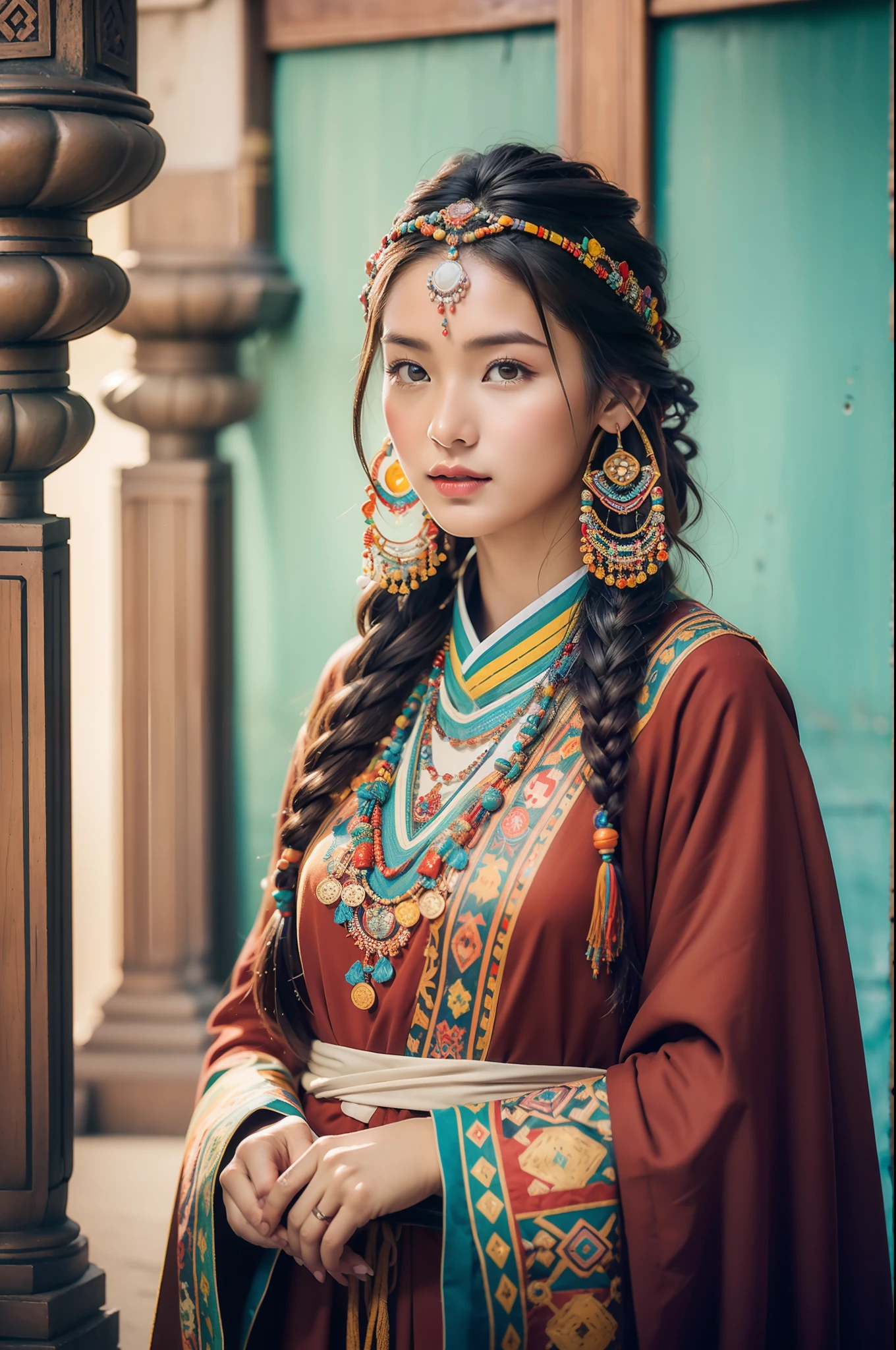 (Лучшее качество,8К,Высокое разрешение,шедевр:1.2),(темно-коричневая кожа, текстурированная кожа, Хайленд раскраснелся, солнечный ожог, загорелый, веснушка), Beautiful Tibetan girls and boys in Дворец Потала, молитвенные флаги，Дворец Потала, Тибетская культура, Яркие глаза, Традиционные тибетские художественные костюмы, Тибетские халаты, Тибетский головной убор, Тибетские украшения, бирюзовый, янтарь, Наблюдайте за аудиторией, Ультратонкие детали, масштабированный. мягкое освещение, ультра - подробный, высокое качество, яркие цвета, боке, HDR, гипер HD, профессиональный стиль фотографии.