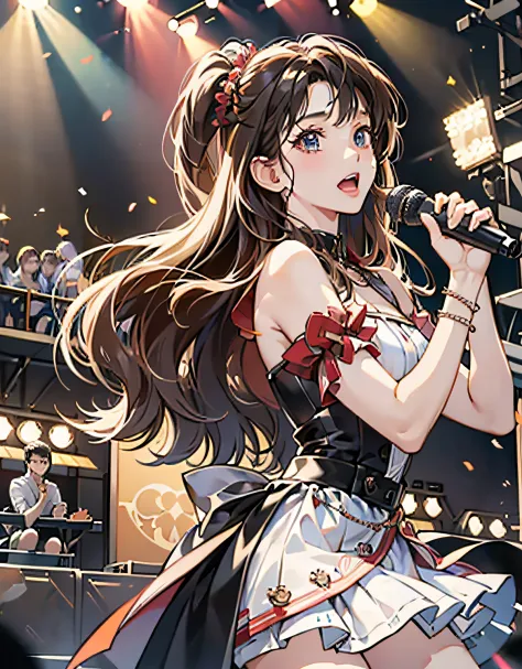 Masterpiece, realisitic, Photorealistic, Anime style, Detailed prompts for illustrations of idol singers singing live on stage:
...