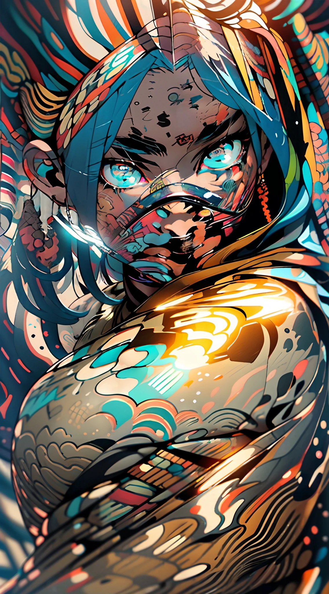 Cyberpunk woman with dark skin and blue eyes and short brown hair, 8k_wallpaper, extremely detailed  eyes, Extremely detailed body, extremely detailed finger, (large digital artwork), (Detailed manga illustration), (detailed artwork), ((perfect)) Anatomi, BETTER HANDS)), (details Intricate:1.3), (ultra detali:1.3), (illustration:1.3), (sharp focus:1.3), ( natural lightting:1.05), (bright coloured:1.3), role model: Break Domain, realisitic, (Masterpiece artwork, top-quality, best qualityer, offcial art, Beauty and Aesthetics: 1.2), very detailled, Fractal Art, fullcolor, More Detailed, zentangle, (NUDE, sexy pose), (large breasts and hips, Perfect Vagina:1.2), (nipples:1.2), (abstract background: 1.5) (1menino: 1.3), GOD, shorth hair, (eerie glowing red eyes), uncanny, (magie), handsome man, bamboo forest, borboleta