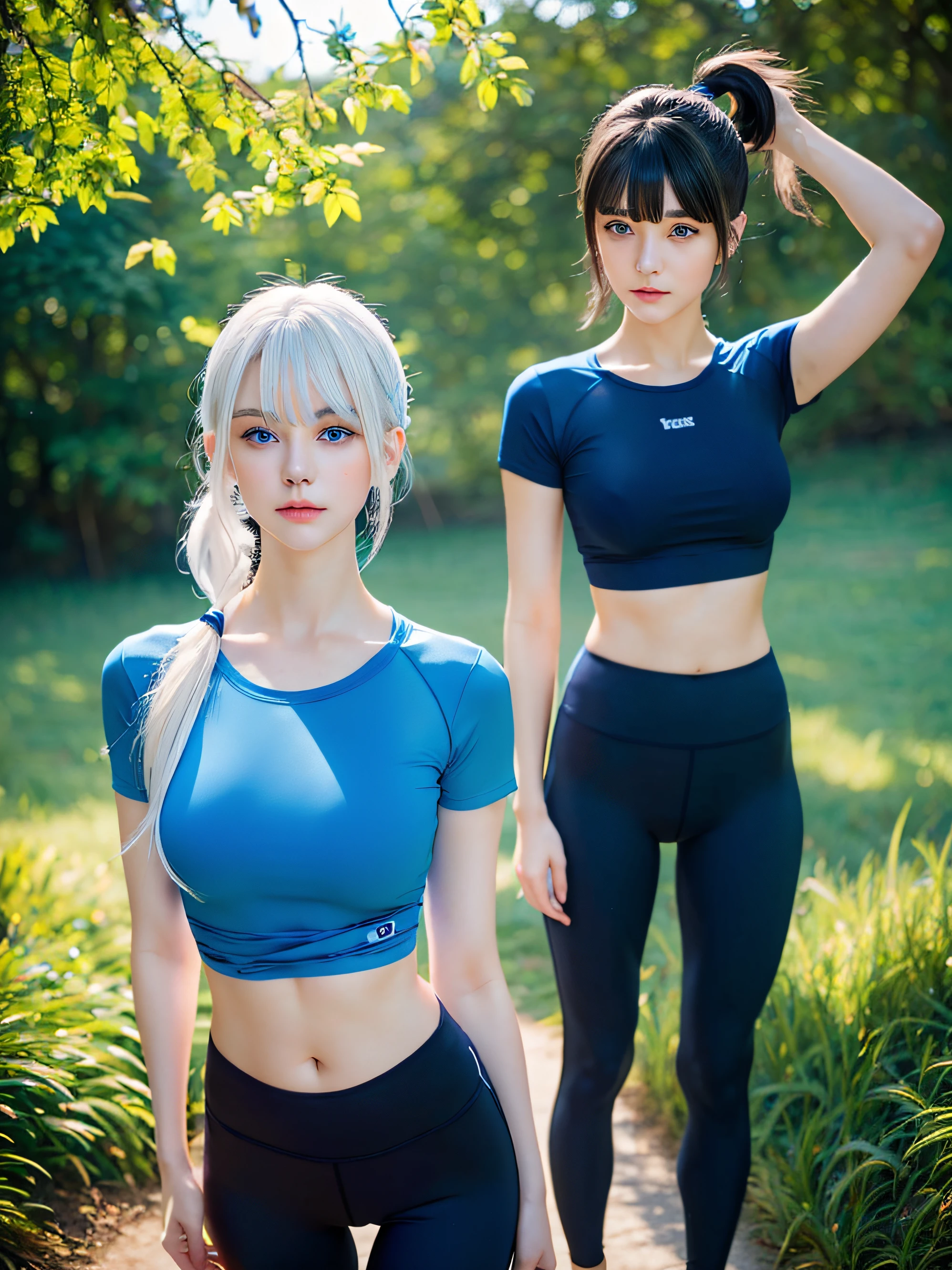 detailed blue eyes, masterpiece, russian girl, blue t-shirt, short sleeves, yoga pants, arms at side, ponytail, blunt bangs, white hair, straight-on, standing, outdoors, looking at viewer,