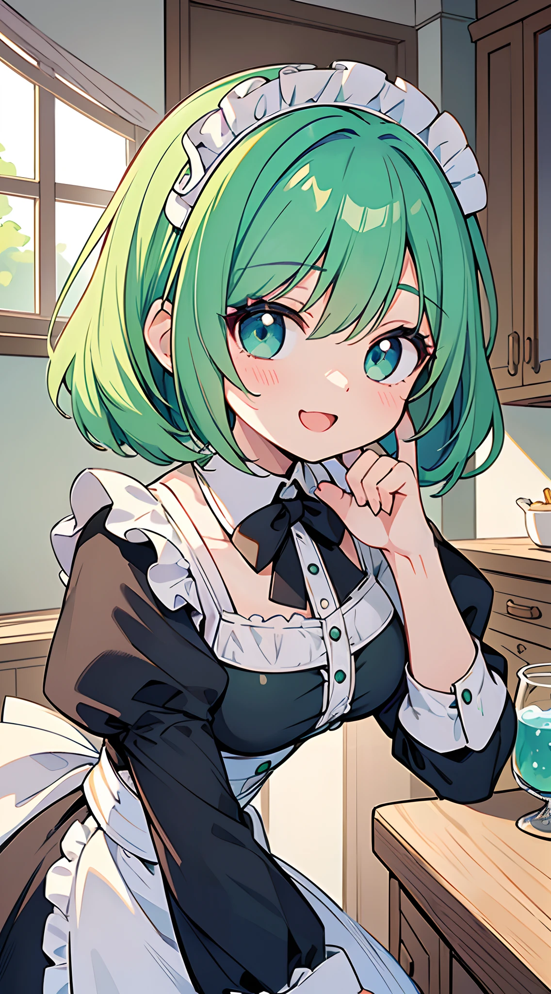 ((Pretty maid with green hair and blue eyes))、Loli face、((master piece、top-quality、ultra-definition、high resolution))、anime girl、((ultra-detailed illust:1.2))、only one person、bangs、hair between eye、beautiful hair、Beautiful eyes、Medium breasts、Big smile、opened mouth、in the kitchen