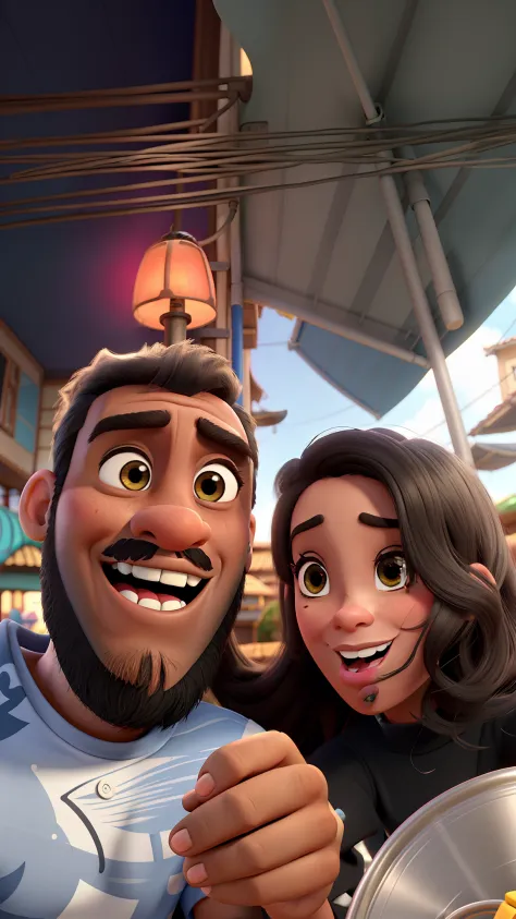 Imagem no estilo Disney Pixar, Casal, homem negro e mulher branca, segurando copo de cerveja, noite na cidade, animados, tongue stickout
