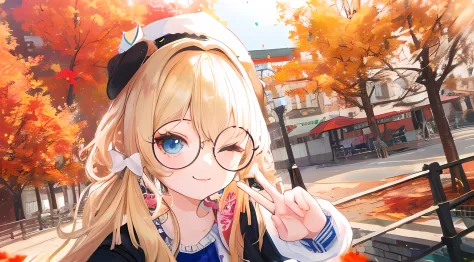 anime girl with round glasses and a hat on a autumn city street, blue eyes, have blonde hair, have cute brown dog ears, smile wi...