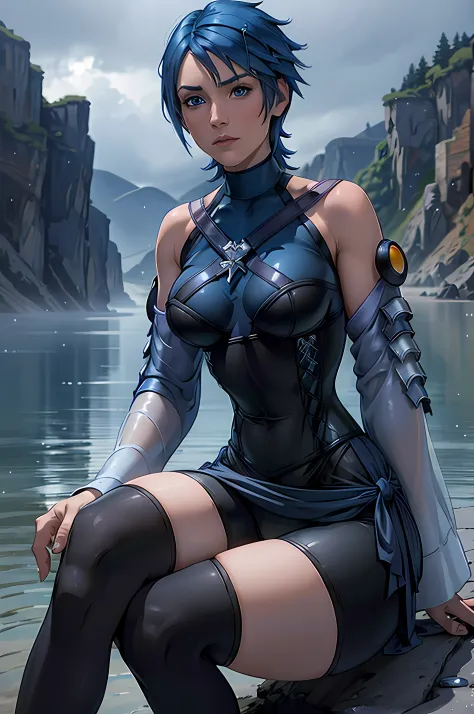 aaaqua, short hair, blue hair, blue eyes, medium breasts, turtleneck, harness, blue shirt, detached sleeves, corset, black short...