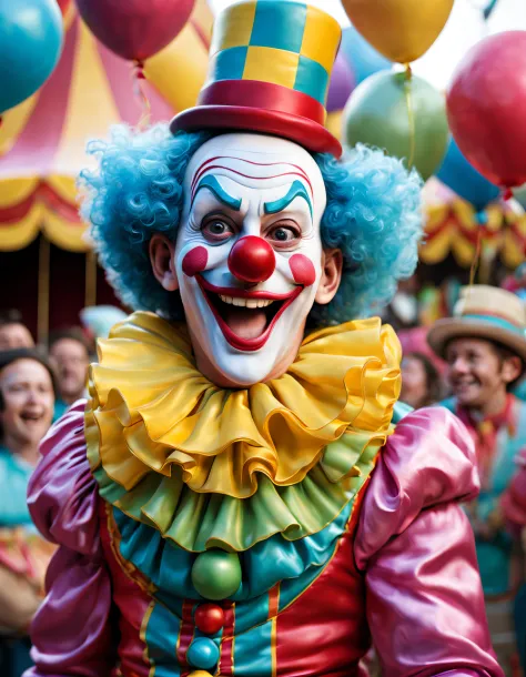 (best quality,4k,8k,highres,masterpiece:1.2),ultra-detailed,(realistic,photorealistic,photo-realistic:1.37),colorful,cheerful,playful,clown:1.1,magic,joyful atmosphere,children's laughter,circus,amusement park,balloons,juggling:1.1,giggles:1.1,cotton candy...
