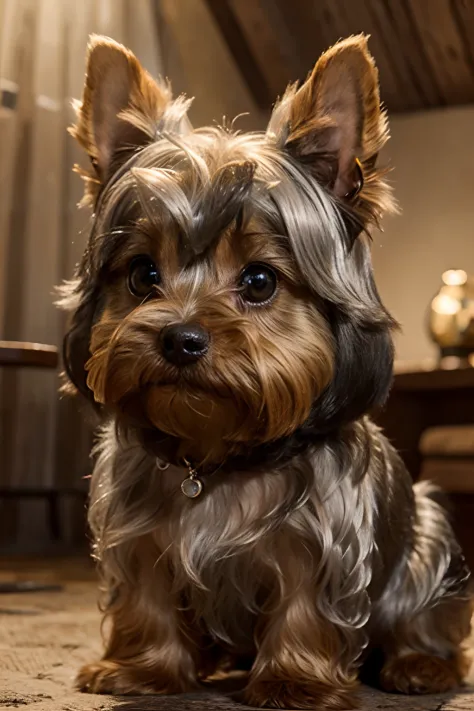 Disney-Pixar art style，A Yorkshire Terrier with a golden head and a silver back，with a round face，large ear