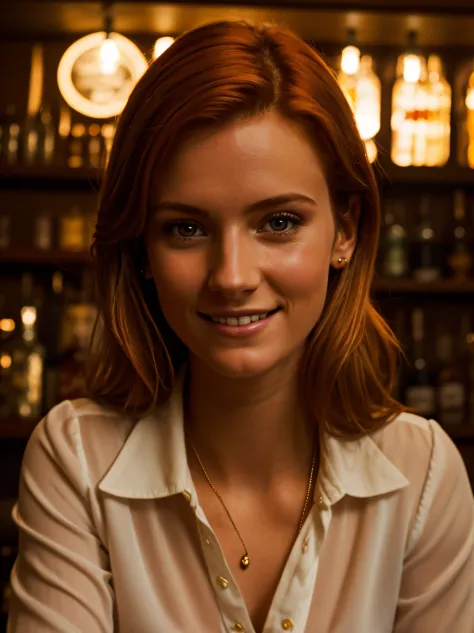 a close up photo of a 20 year old french woman in a blouse at a bar, seductive smile, ginger hair, cinematic light, film still,