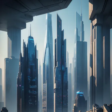 (Best Quality, 8K, Ultra-detailed:1.2), Futuristic cityscape of towering skyscrapers, Cyberpunk, Sci-Fi Art, Earth, A futuristic world, masutepiece, Glass skyscraper, Imaginative, 40 times taller building, Vivid colors, Dramatic Lighting，kosmos，A world far...