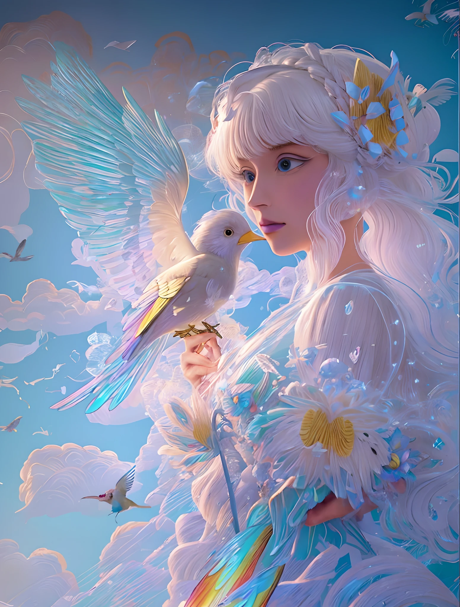 April small cute birds bring flowers and 顏色ful feathers to her blonde/white 辮髮, 辮髮, 藍鳥, 蜂鳥, 蓬鬆的積雲, 積雨雲, 山雀, 金翅雀, 旋轉捲曲的金髮女郎/白色的頭髮, 旋轉, 螺旋, 陀螺儀, 蓬鬆蓬鬆, 棉花糖, 陽光, 薄霧, 霜, 霜y, 冷凍的, 溫暖的, 銀色連身裙, 銀色禮服, 閃爍動態, 聲音, 逼真的, 超詳細的, 玻璃, 寶石, 顏色,  24歲 女人, 仙女的頭髮, 鑽頭髮, digital 聲音 clouds, k 解析度, 神秘的藝術風格, 樂趣, 定時, 愛, 誠實, 油畫顏料, 新設計, 紙藝, 春天, 眼神中的不信任, 達文西文藝復興時期的輝煌, 和米開朗基羅, 營造出充滿活力的古典優雅.