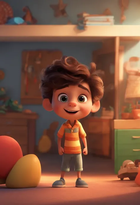 A cartoon boy stands in a room with lots of stuff - SeaArt AI