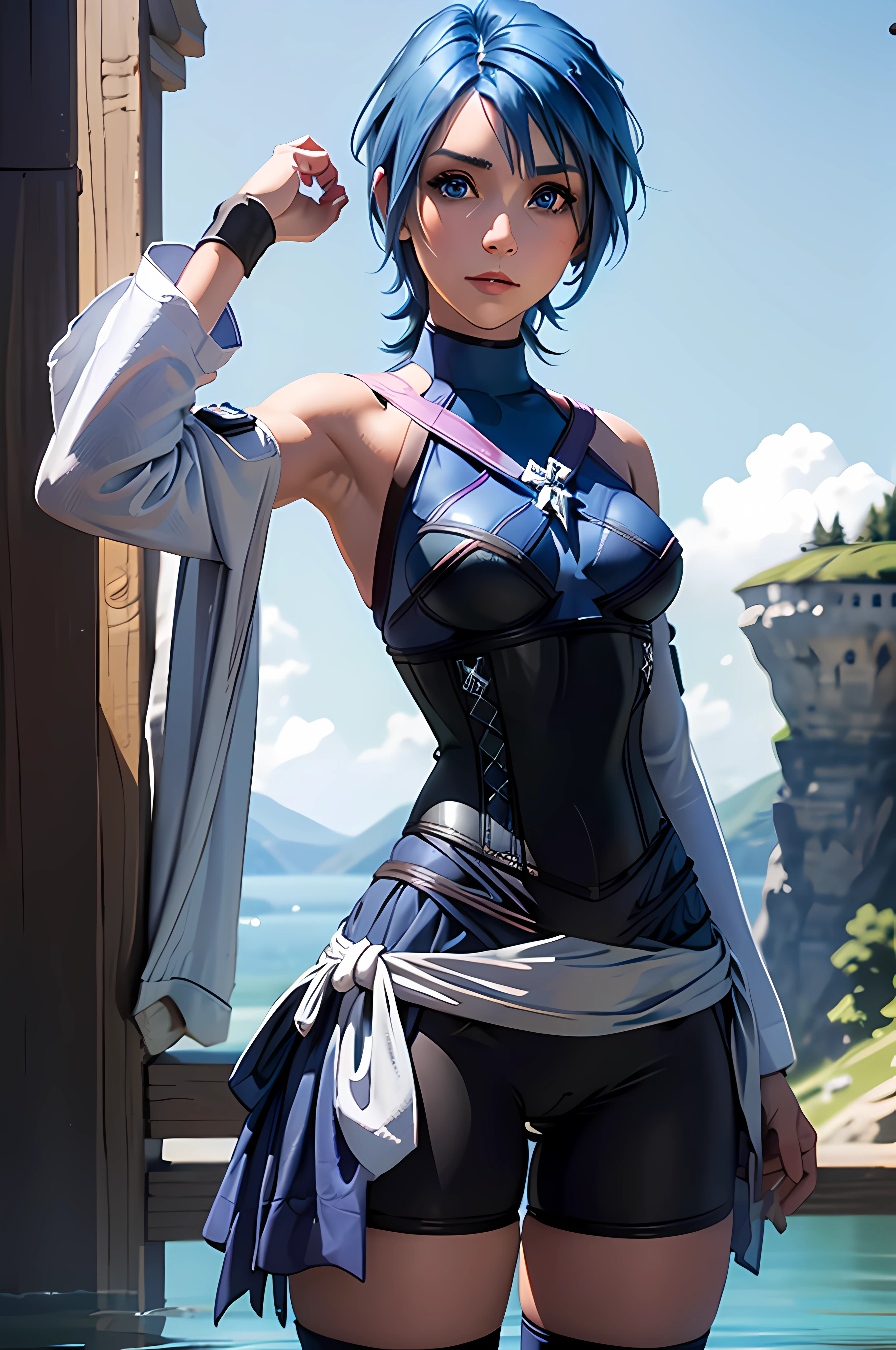 aaaqua, short hair, blue hair, blue eyes, medium breasts, turtleneck, harness, blue shirt, detached sleeves, corset, black shorts, waist cape, black thighhighs, fingerless gloves, looking at the viewer, clear sky, transparent water landscape,standing, view from the frontal, portrait, cowboy shot