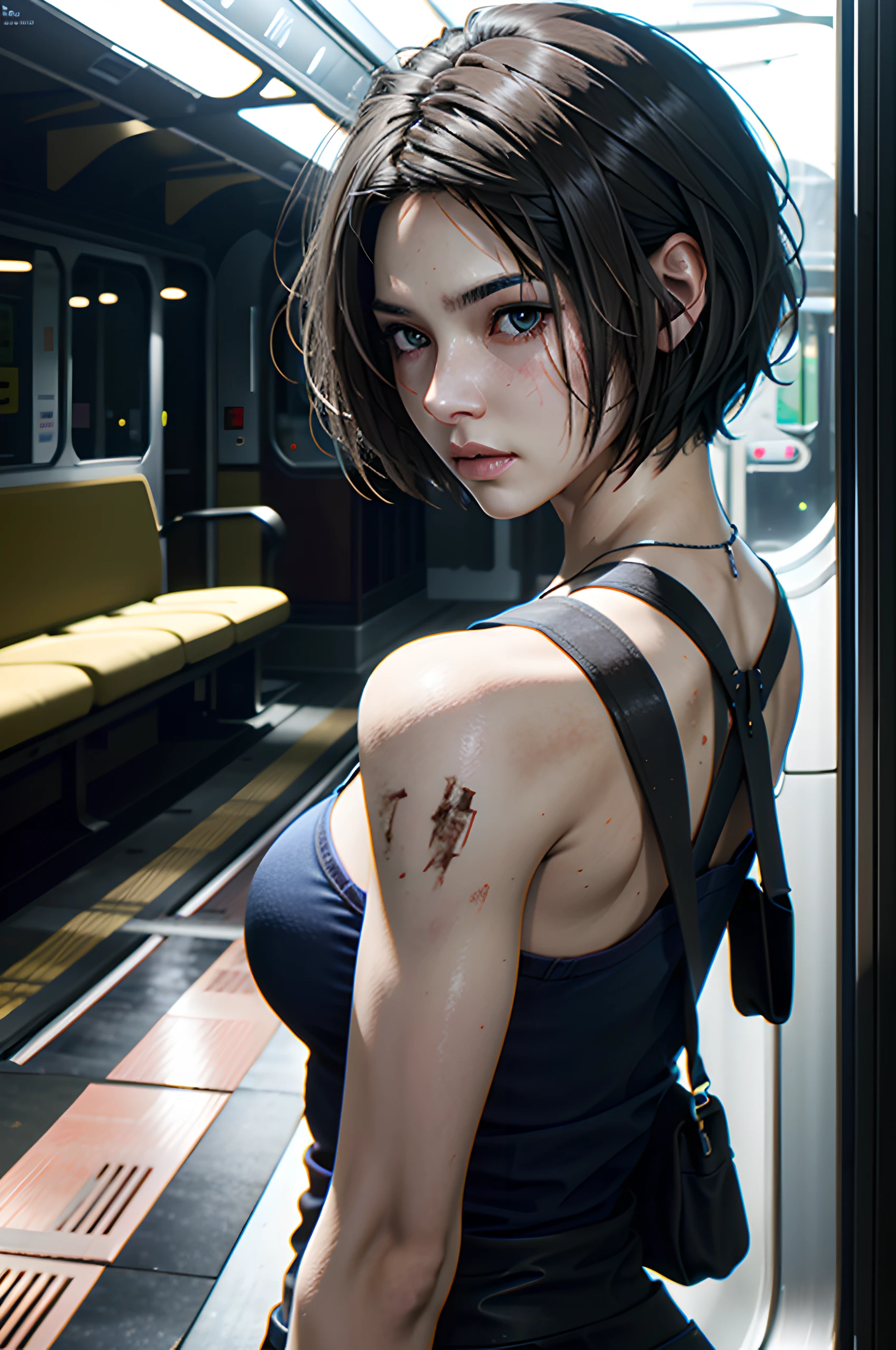 (Masterpiece, Best Quality)
Jill Valentine,  1girl, solo, Short hair, upper body portrait, dark, The Abandoned Train