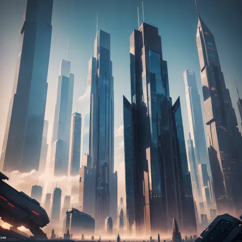 (Best Quality, 8K, Ultra-detailed:1.2), Futuristic cityscape of towering skyscrapers, Cyberpunk, Sci-Fi Art, Earth, A futuristic world, masutepiece, Glass skyscraper, Imaginative, Buildings 50 times taller, Vivid colors, Dramatic Lighting，kosmos，A world fa...
