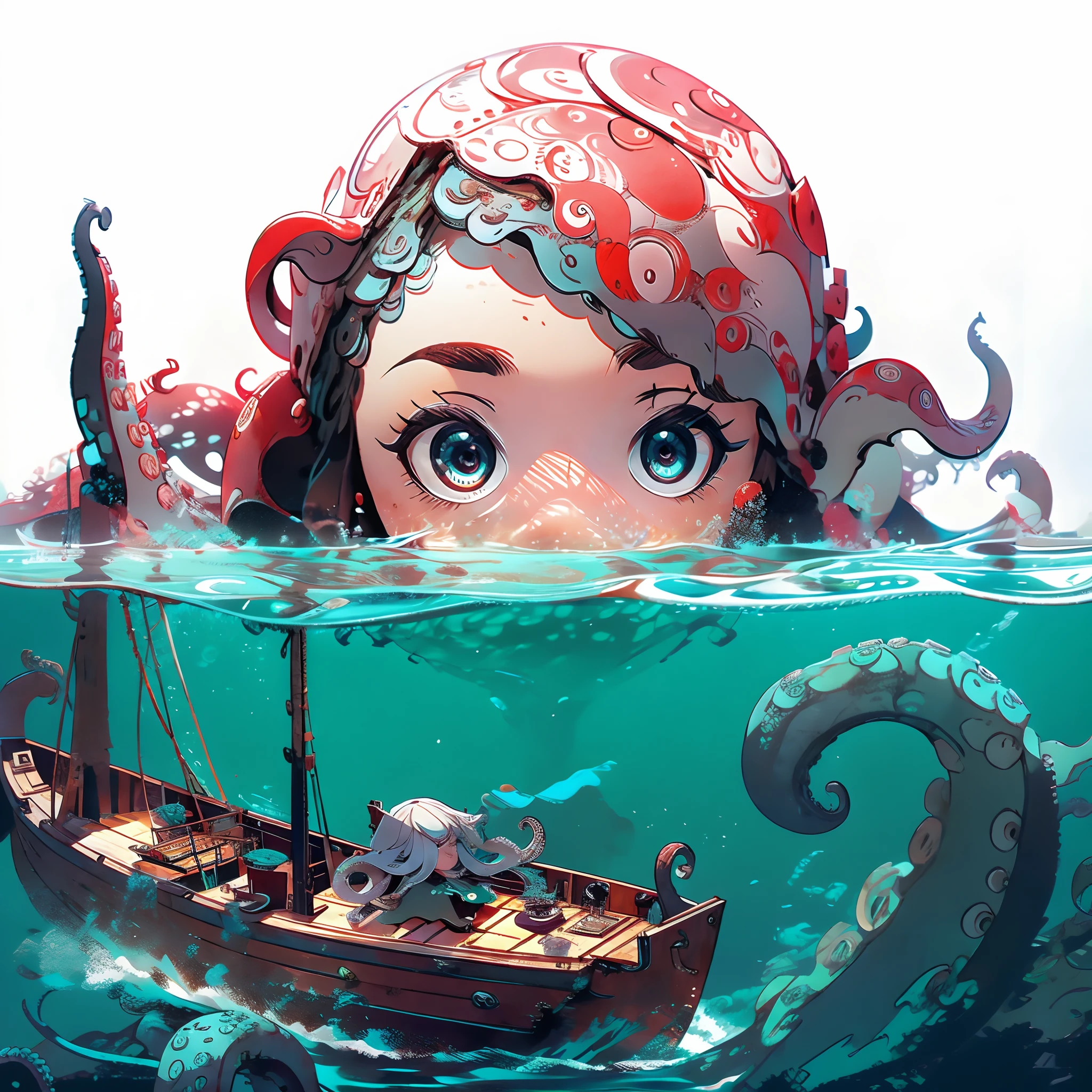 Chica Kraken asomando desde el mar. Ella mira dentro del barco. Bote de madera. tentáculos.