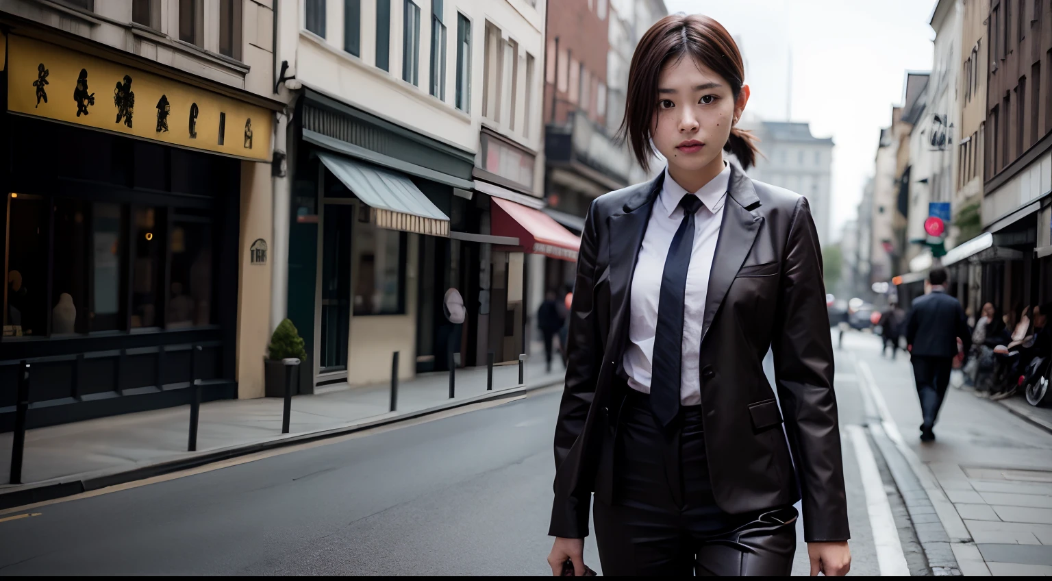 kobeni higashiyama, black hair, hair ornament, hairclip, mole, mole under eye, ponytail, short hair, (brown eyes:1.5), black necktie, black pants, business suit, formal, long sleeves, necktie, pants, suit, large breast, solo