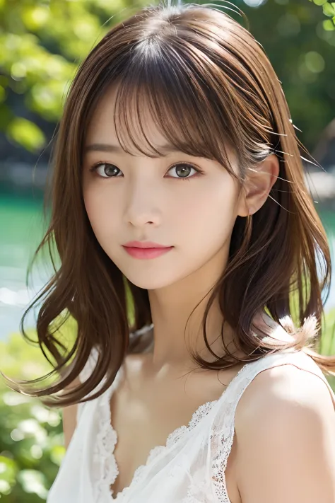 （1girll:1.2），(8K, Best Quality, tmasterpiece), (Realistic, Photorealsitic:1.37), ultra - detailed, adolable, 独奏, Cute Japan Woman,brown haired,By bangs, Curly, Hair on the shoulders, beautiful and delicate eyes,Eyes speak，long eyelasher, ssmile，Moisturizes...