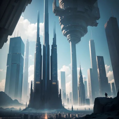 (Best Quality, 8K, Ultra-detailed:1.2), Futuristic cityscape of towering skyscrapers, Cyberpunk, Sci-Fi Art, Earth, A futuristic world, masutepiece, Glass skyscraper, Imaginative, Buildings 100 times taller, Vivid colors, Super huge castle，Fantasy and cybe...