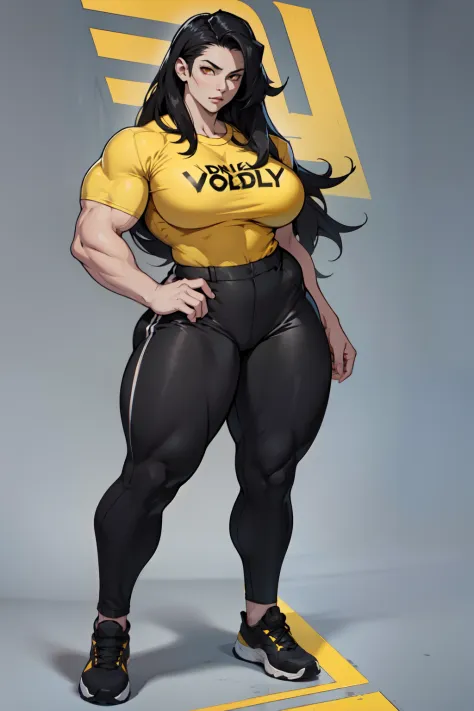 1girl) pale skin huge breasts muscular toned bodythick thighs black hair  yellow eyes (tight shirt and pants full body long hair) bodybuilder - SeaArt  AI