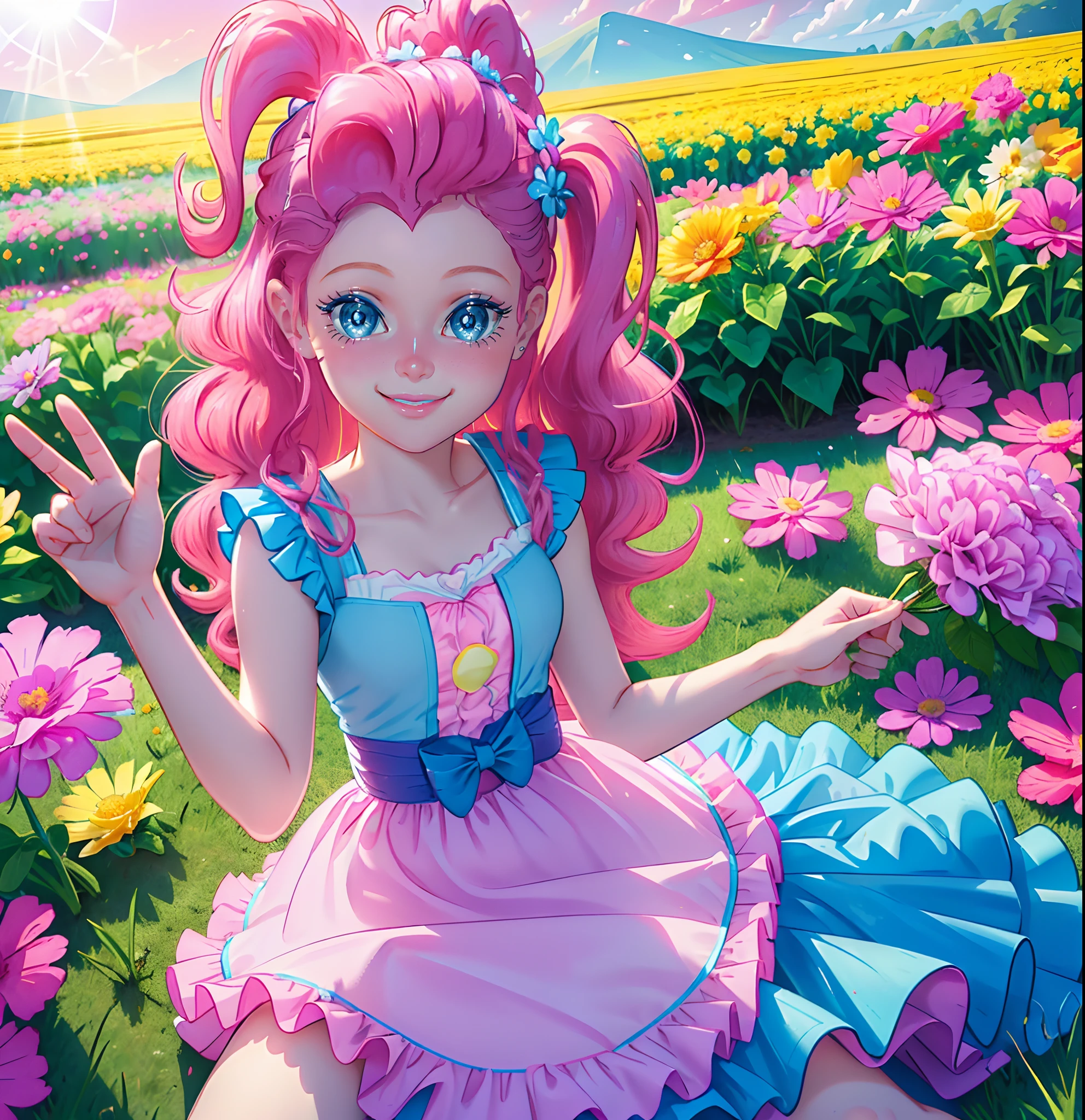 My little pony pinkie pie, pinkie pie, pinkie pie in the form of a girl, long dark pink hair, blue eyes, long pink and blue frilly dress, white frilly thigh high, small pink heels, blue sky, pink clouds, ((sitting in a pink and blue flower field)), staring at viewers, (light pink skin 1.5), soft blush, happy smile, soft smile, holding flowers, blue balloons flying everywhere, ((sunrise 1.0)), highly detailed lighting, yellow light, in a beautiful flower field, pink and blue flowers everywhere, blue eyeshadow (( BLUE EYES 2.0 )), flowers everywhere