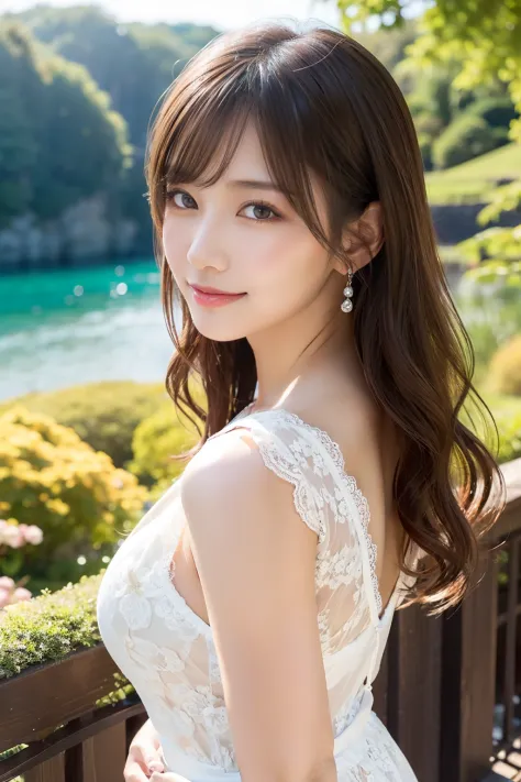 （1girll:1.2），(8K, Best Quality, tmasterpiece), (Realistic, Photorealsitic:1.37), ultra - detailed, adolable, 独奏, Cute Japan Woman,brown haired,By bangs, Curly, Hair on the shoulders, beautiful and delicate eyes,Eyes speak，long eyelasher, ssmile，Moisturizes...