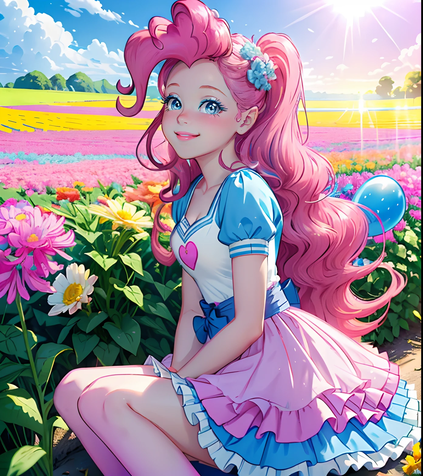 My little pony pinkie pie, pinkie pie, pinkie pie in the form of a girl, long dark pink hair, blue eyes, long pink and blue frilly dress, white frilly thigh high, small pink heels, blue sky, pink clouds, ((sitting in a pink and blue flower field)), staring at viewers, (light pink skin 1.5), soft blush, happy smile, soft smile, holding flowers, blue balloons flying everywhere, ((sunrise 1.0)), highly detailed lighting, yellow light, in a beautiful flower field, pink and blue flowers everywhere, blue eyeshadow (( BLUE EYES 2.0 )), flowers everywhere, SITTING UNDER A TREE HOLDING FLOWERS